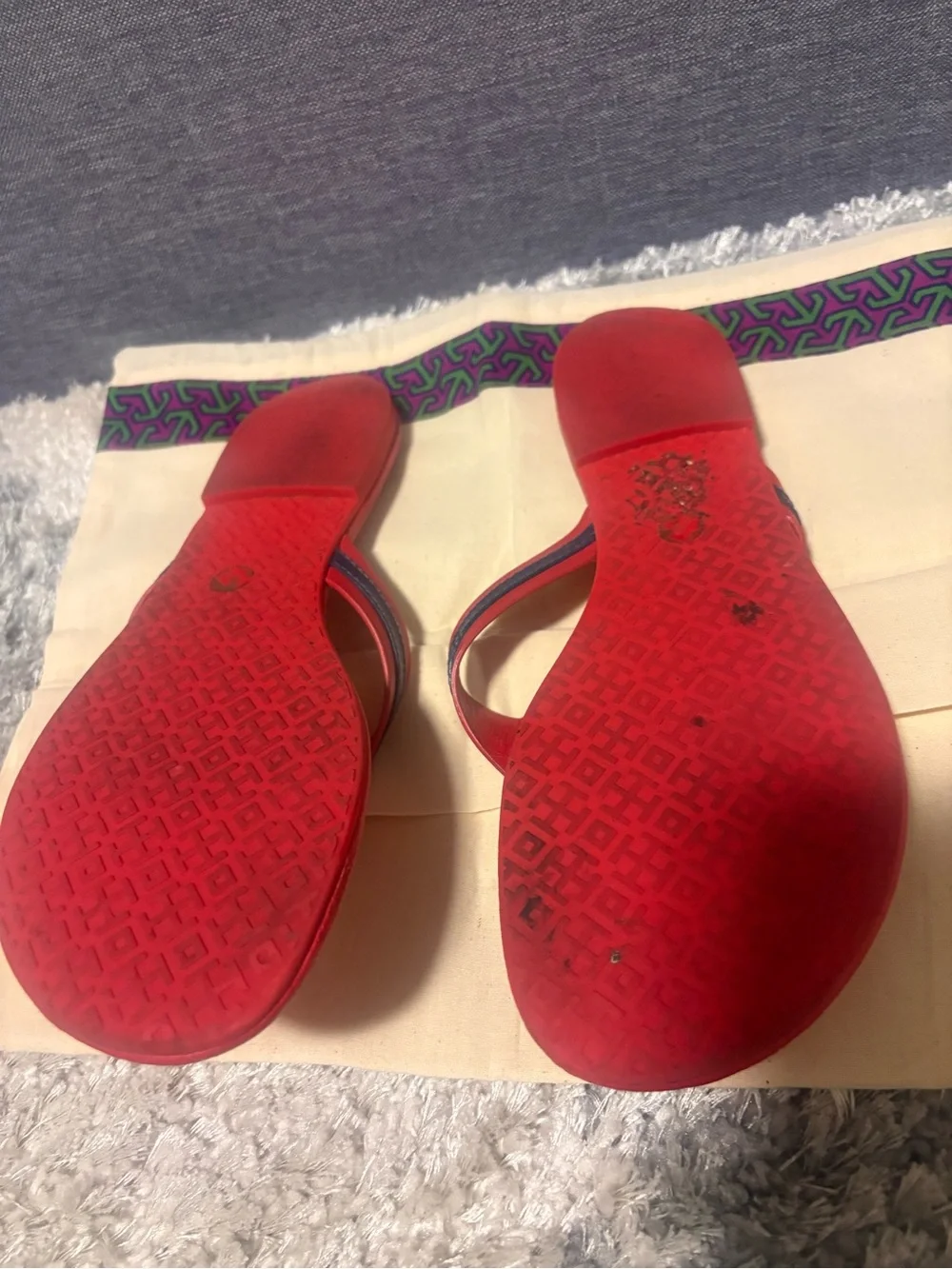 Tory Burch Red Leather Thong Sandals with Navy Trim